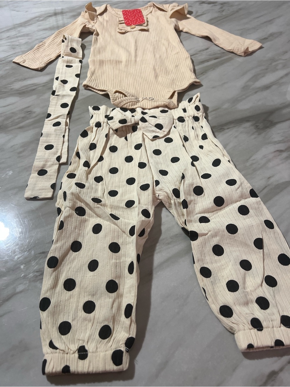 PatPat Cream Ribbed Top and Polka Dot Pants Set